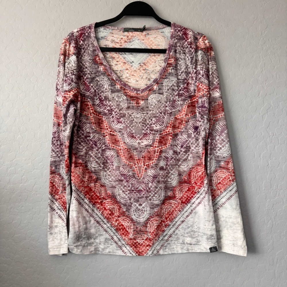 Prana XLarge Long Sleeve Top Red Purple Geometric V-Neck W2BRAI315